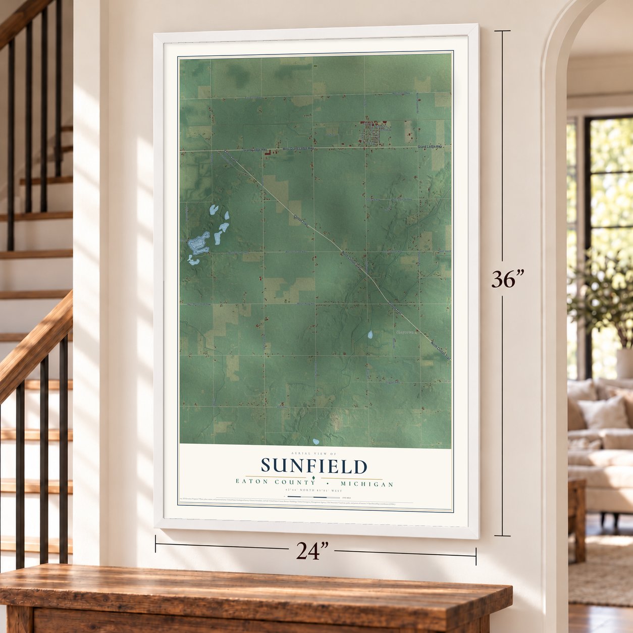 Sunfield, Eaton County, Michigan map, 24 x 36 inch print in a white frame by a staircase