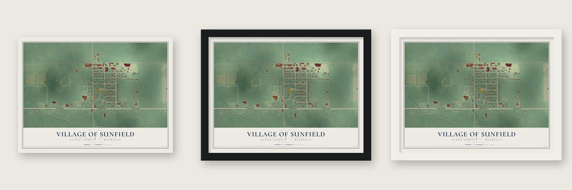 Sunfield, Michigan map unframed, in a black wood frame and in a white wood frame
