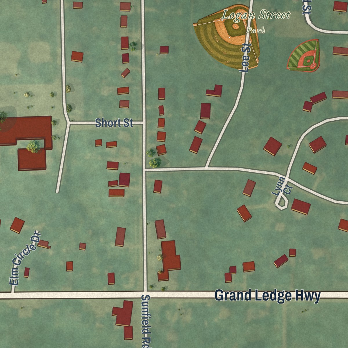 Second close-up of the map of Sunfield, Michigan print showing more streets and buildings