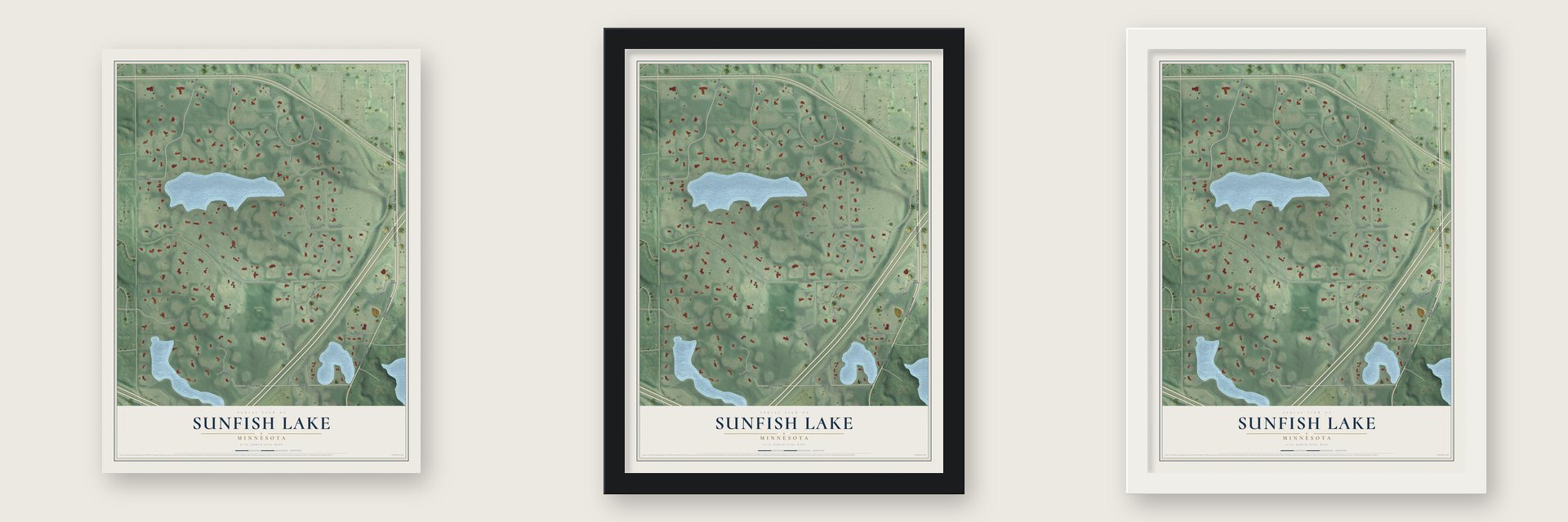 Sunfish Lake, Minnesota map unframed, in a black wood frame and in a white wood frame