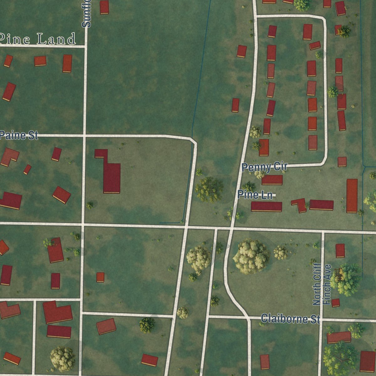 Second close-up of the map of Sunflower, Mississippi print showing more streets and buildings