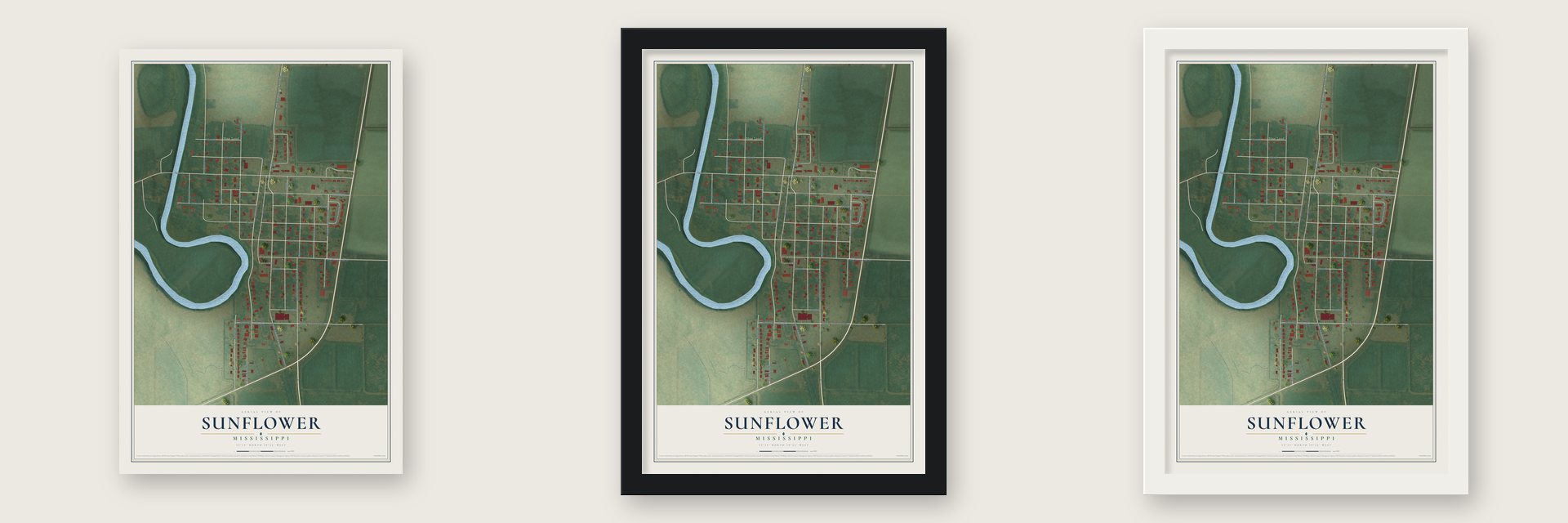 Sunflower, Mississippi map unframed, in a black wood frame and in a white wood frame