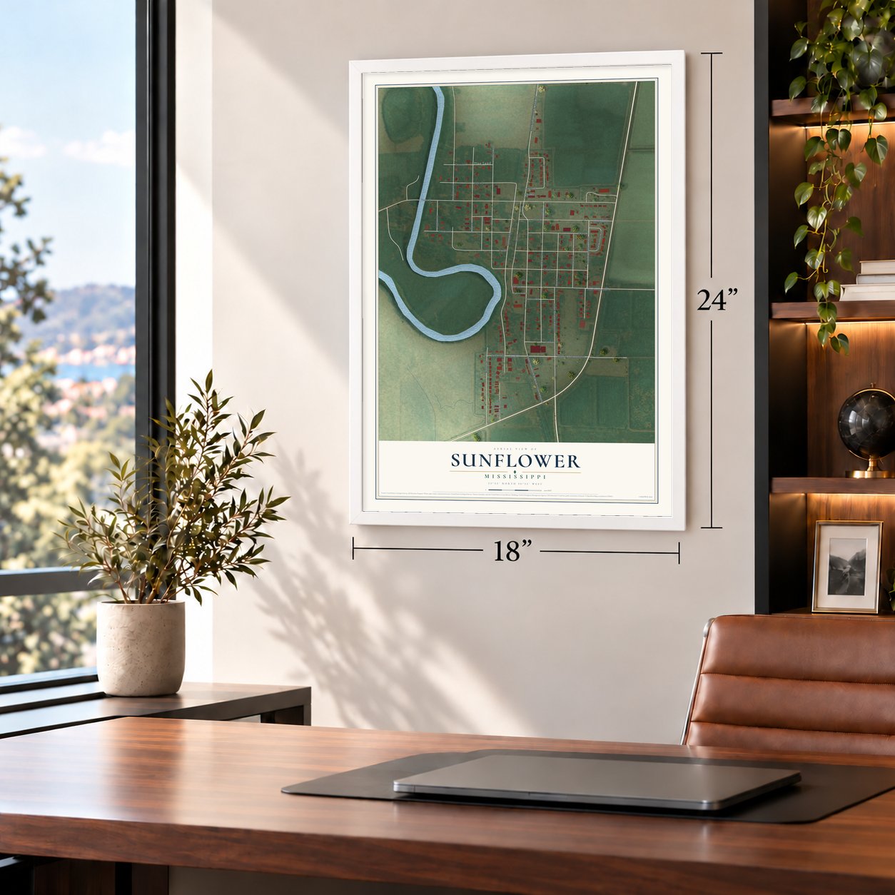 Sunflower, Mississippi map, 18 x 24 inch print in a white frame in a home office