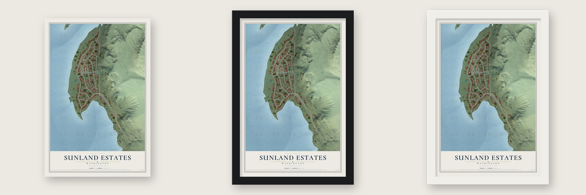 Sunland Estates, Washington map unframed, in a black wood frame and in a white wood frame