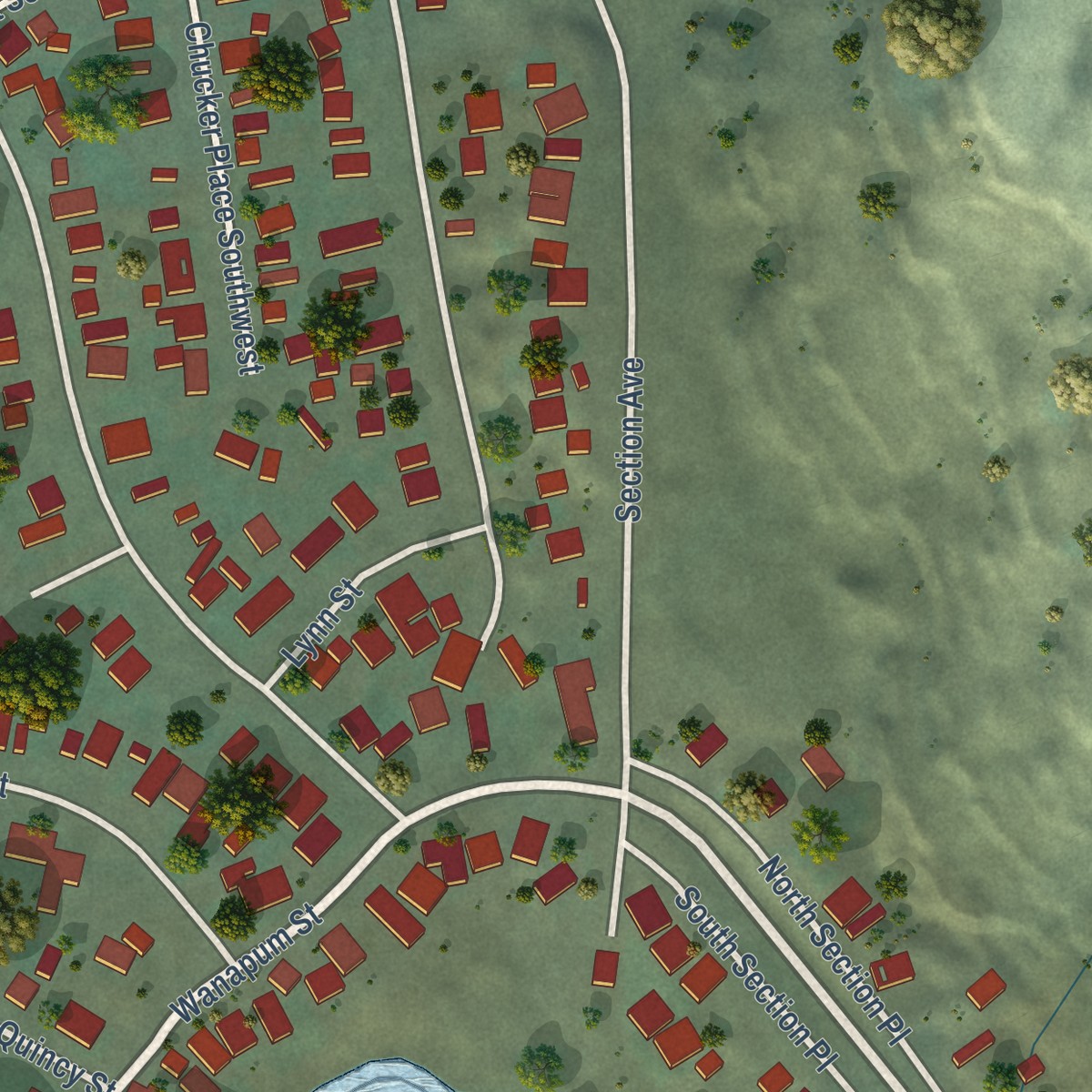 Second close-up of the map of Sunland Estates, Washington print showing more streets and buildings