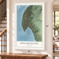 Sunland Estates, Washington map, 24 x 36 inch print in a white frame by a staircase