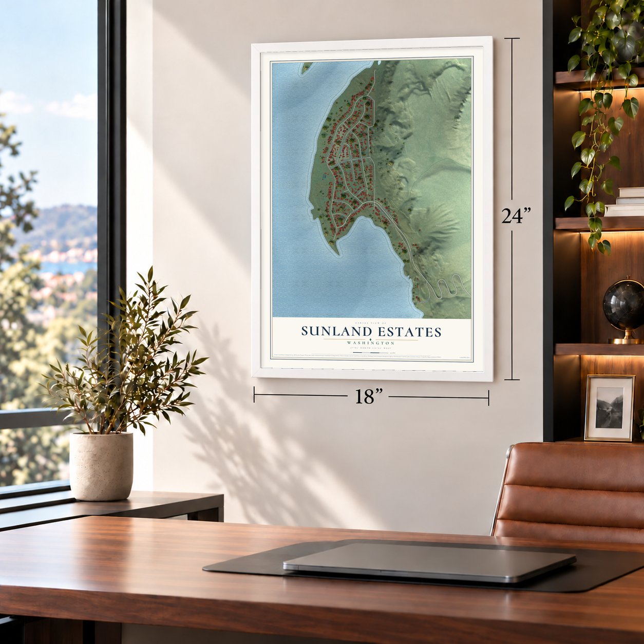 Sunland Estates, Washington map, 18 x 24 inch print in a white frame in a home office