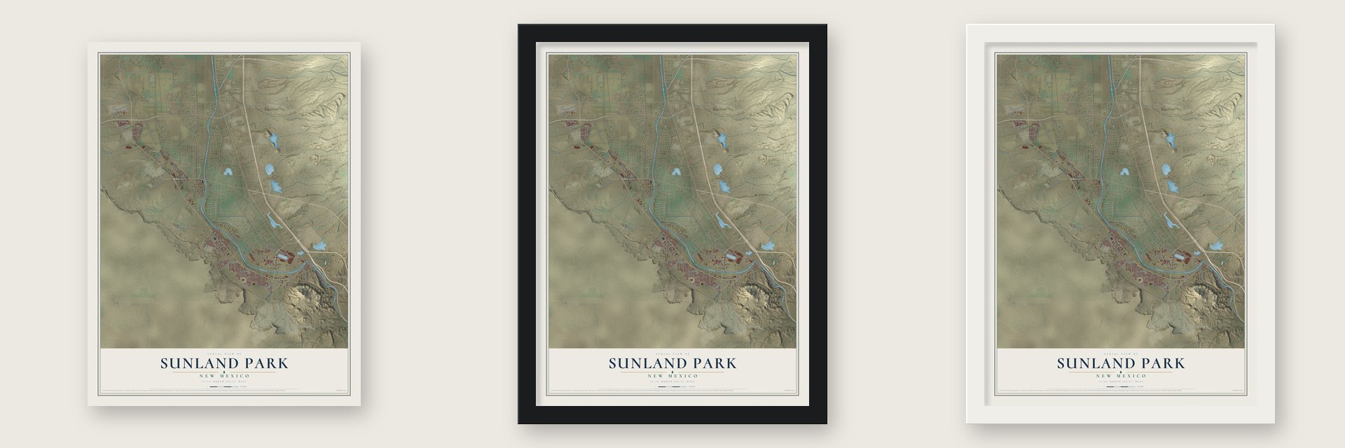 Sunland Park, New Mexico map unframed, in a black wood frame and in a white wood frame