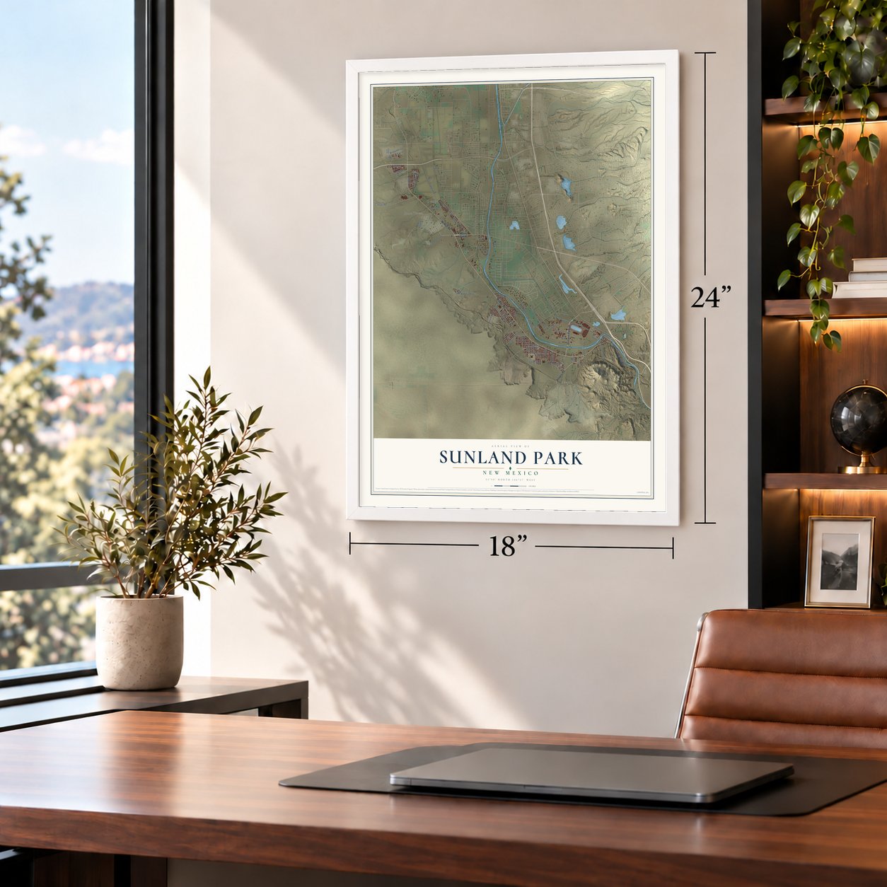 Sunland Park, New Mexico map, 18 x 24 inch print in a white frame in a home office