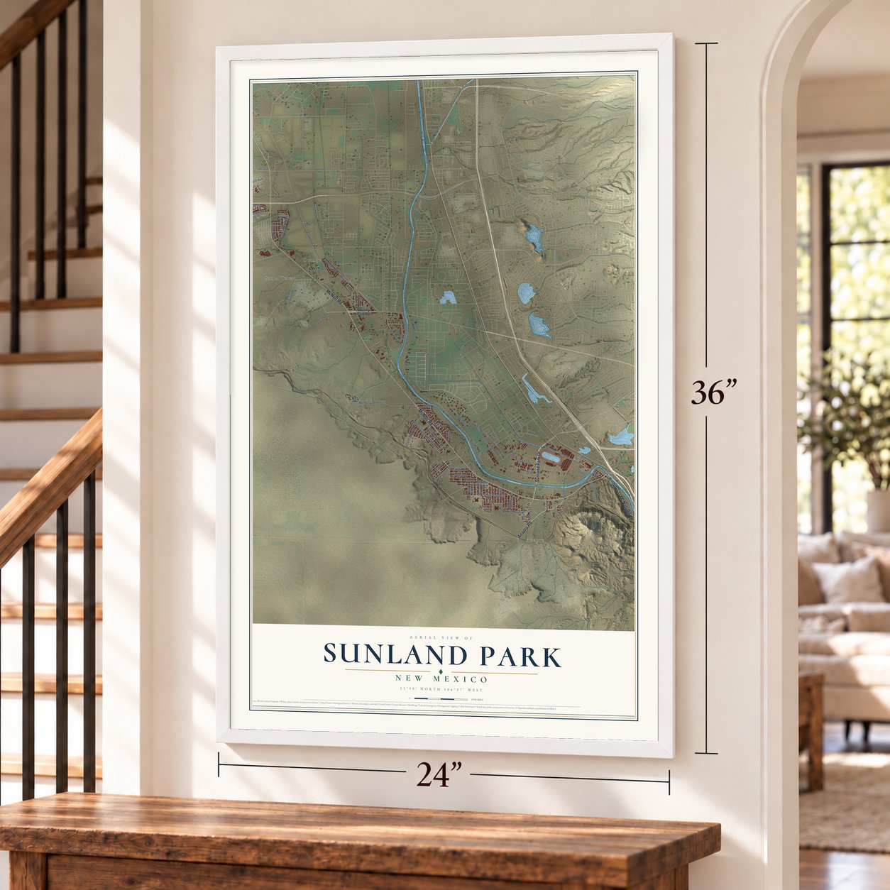 Sunland Park, New Mexico map, 24 x 36 inch print in a white frame by a staircase