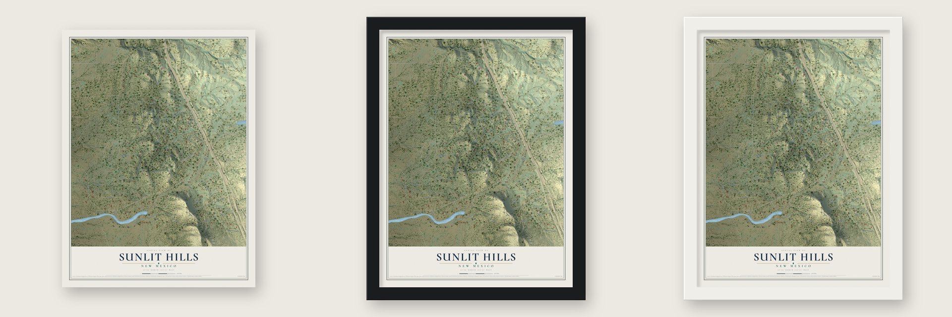 Sunlit Hills, New Mexico map unframed, in a black wood frame and in a white wood frame