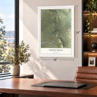 Sunlit Hills, New Mexico map, 18 x 24 inch print in a white frame in a home office
