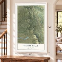 Sunlit Hills, New Mexico map, 24 x 36 inch print in a white frame by a staircase