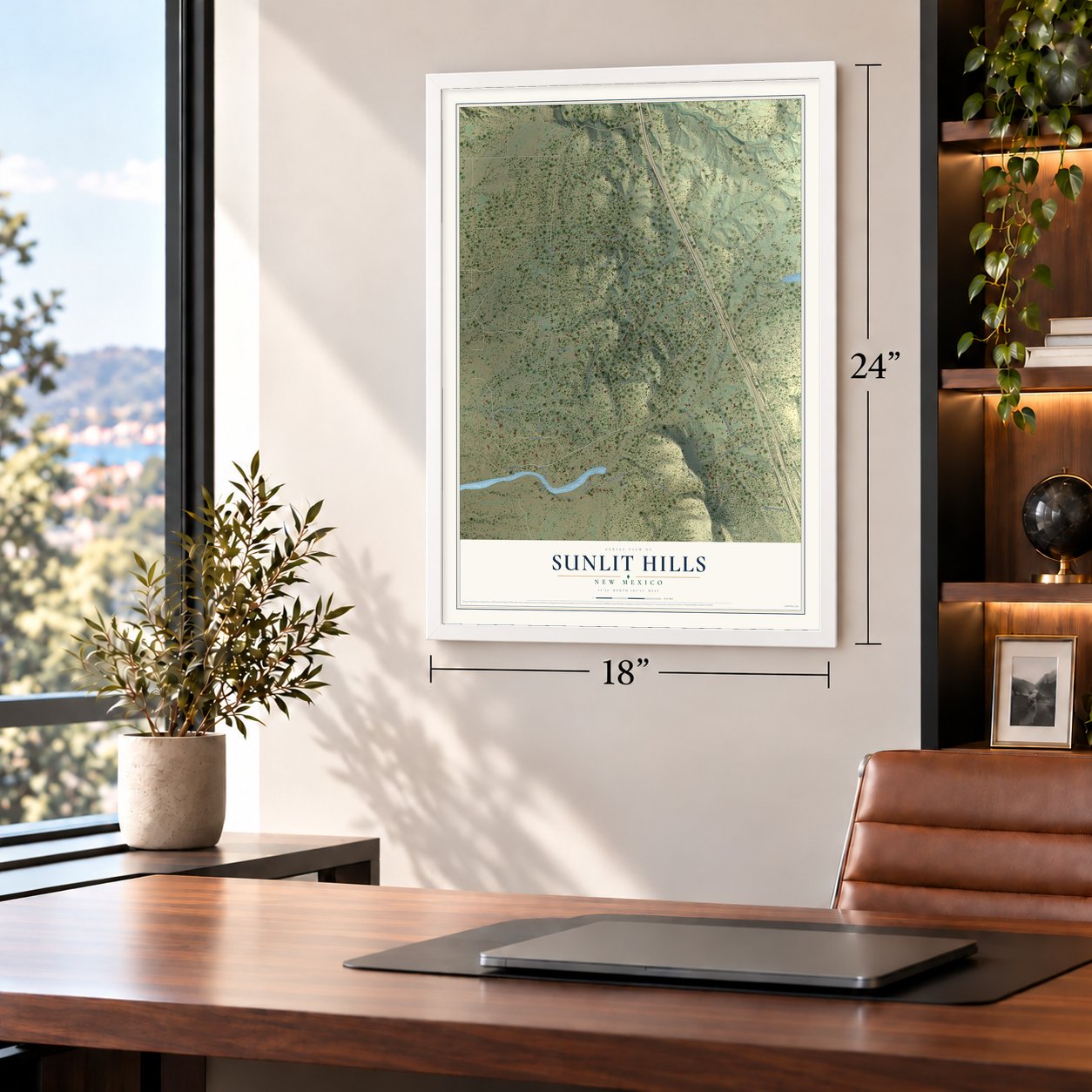 Sunlit Hills, New Mexico map, 18 x 24 inch print in a white frame in a home office