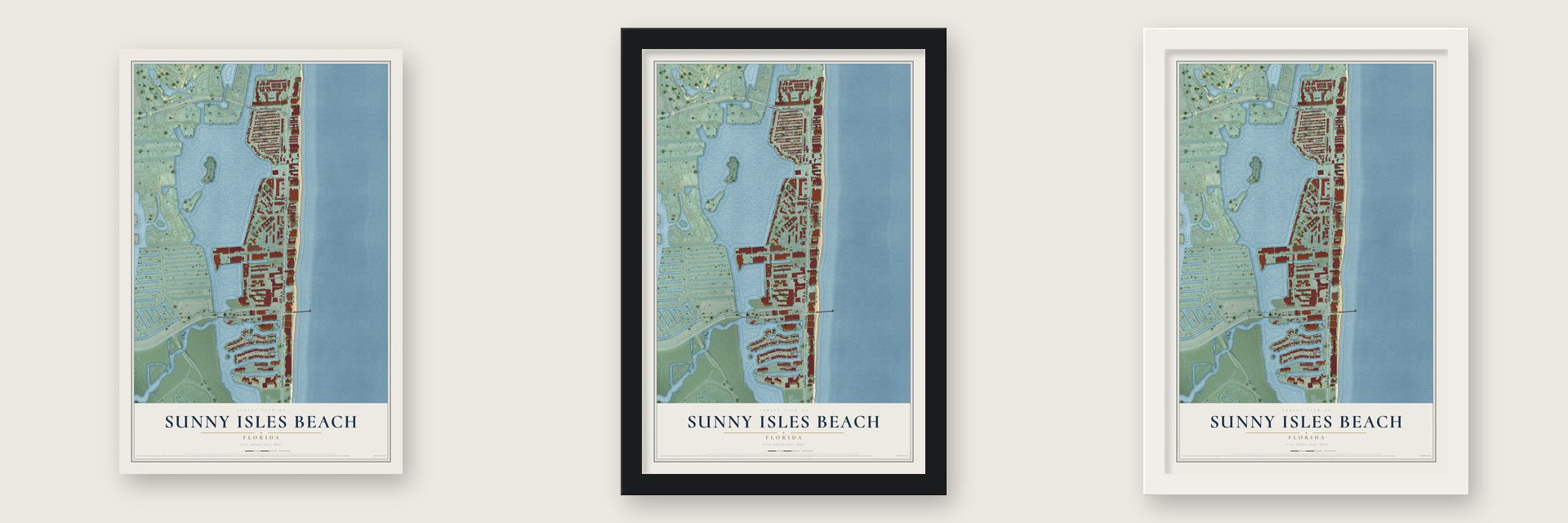 Sunny Isles Beach, Florida map unframed, in a black wood frame and in a white wood frame