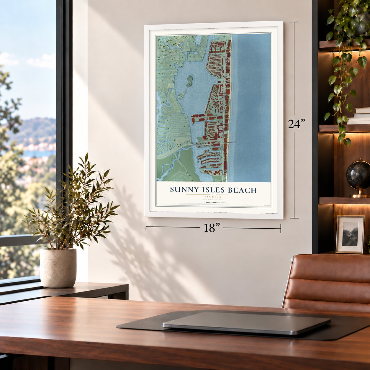 Sunny Isles Beach, Florida map, 18 x 24 inch print in a white frame in a home office