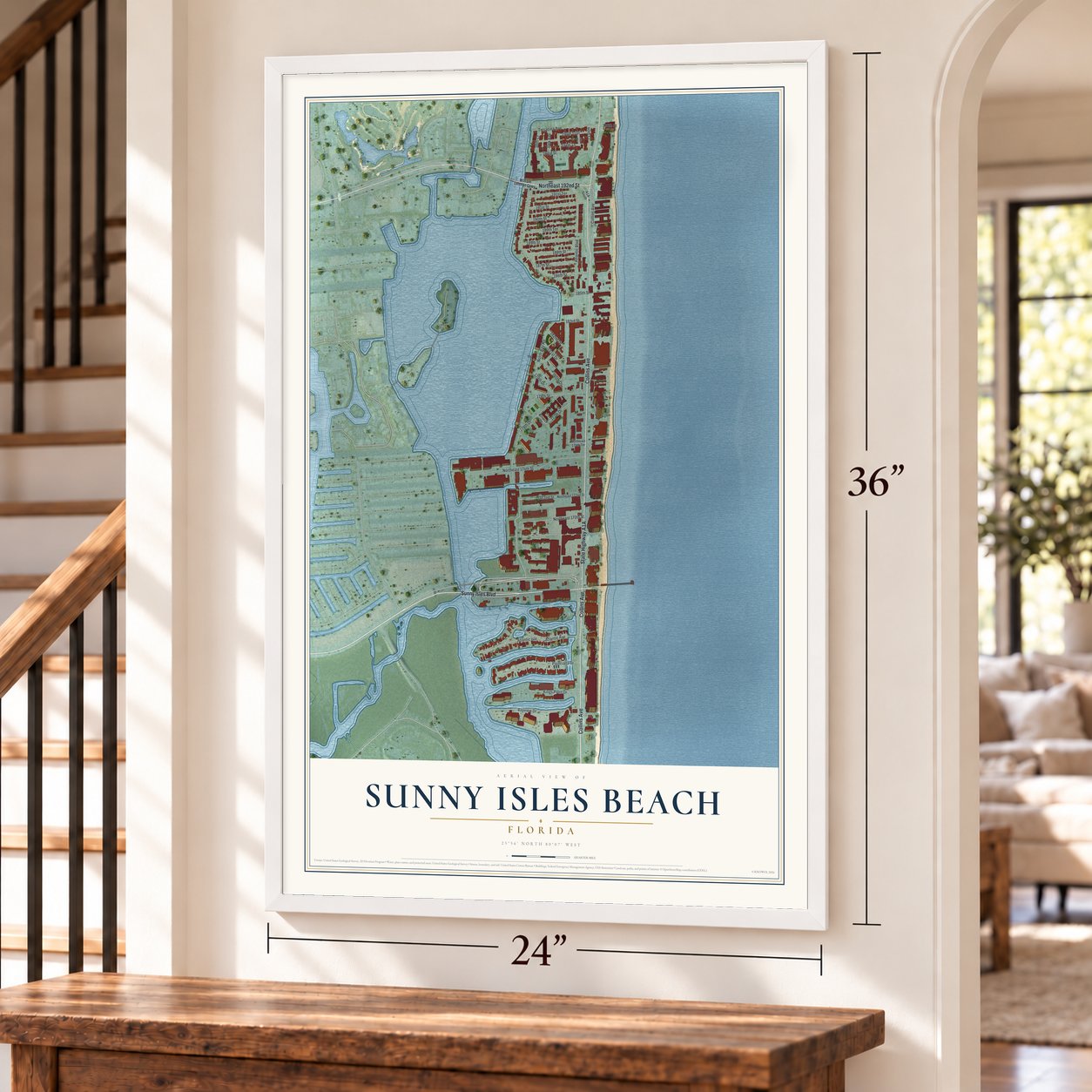 Sunny Isles Beach, Florida map, 24 x 36 inch print in a white frame by a staircase