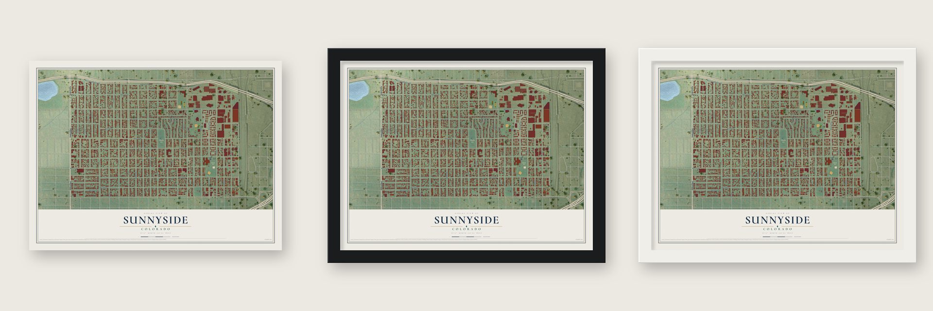 Sunnyside, Colorado map unframed, in a black wood frame and in a white wood frame