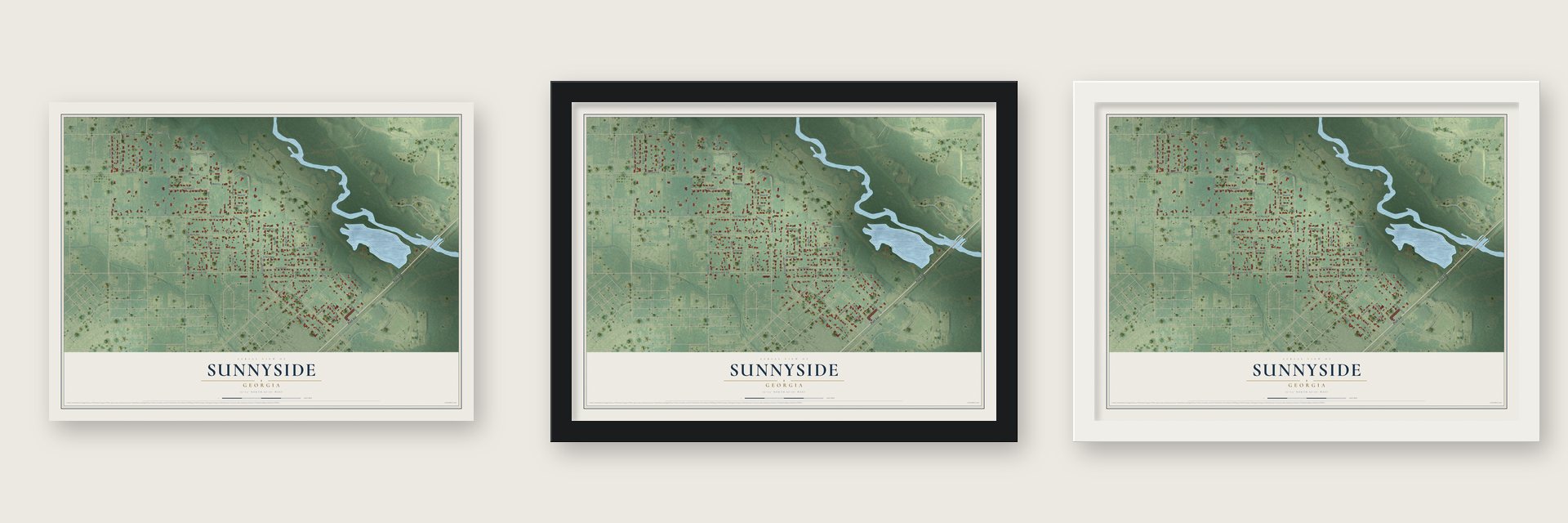 Sunnyside, Georgia map unframed, in a black wood frame and in a white wood frame