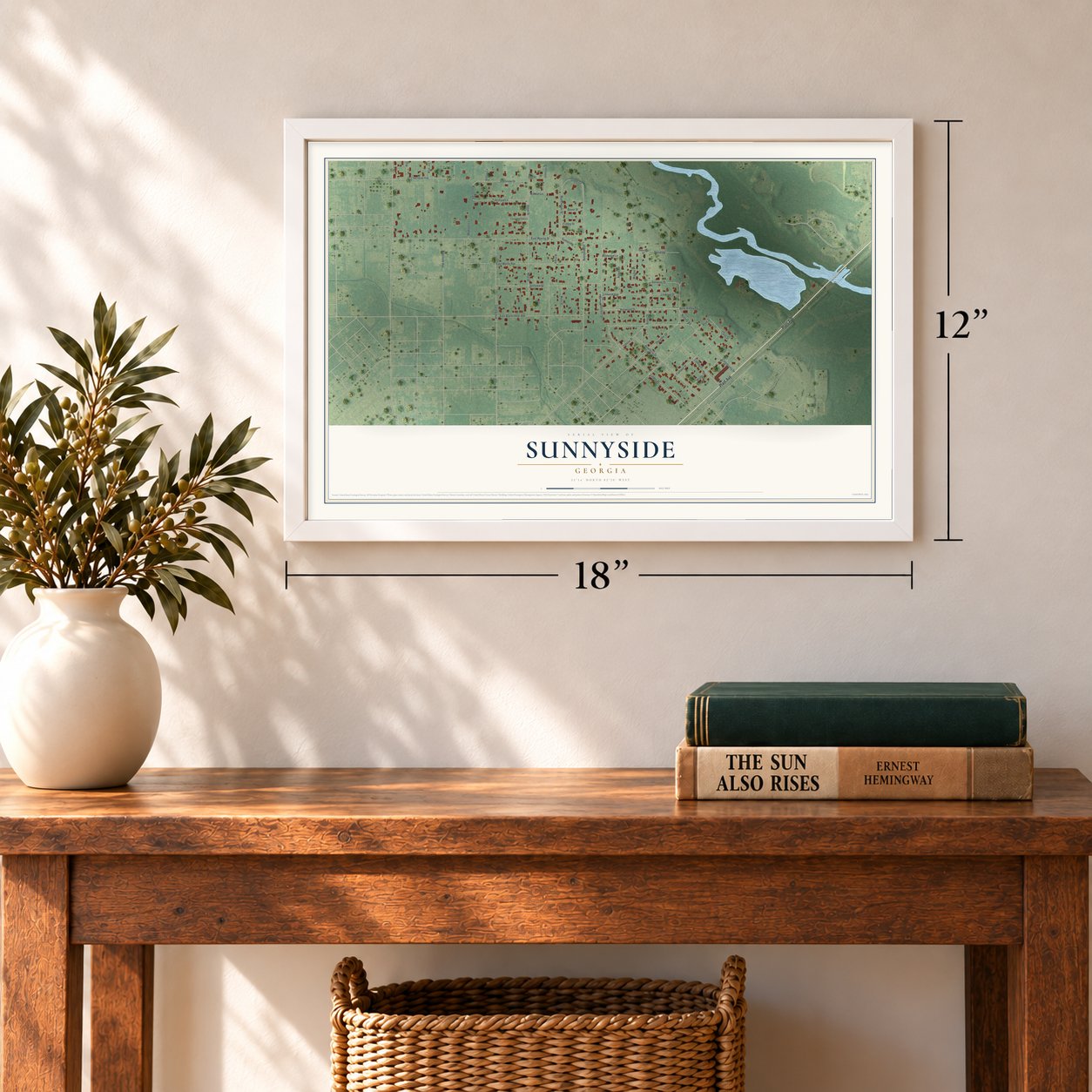 Sunnyside, Georgia map, 12 x 18 inch print in a white frame in an entryway