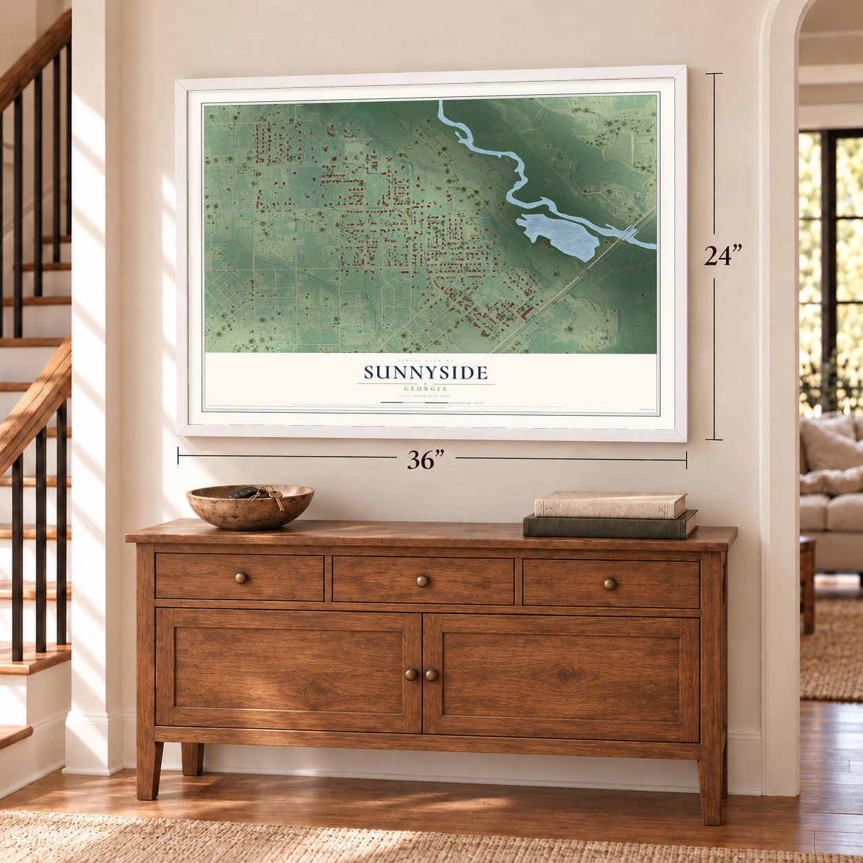 Sunnyside, Georgia map, 24 x 36 inch print in a white frame above a dresser by a staircase