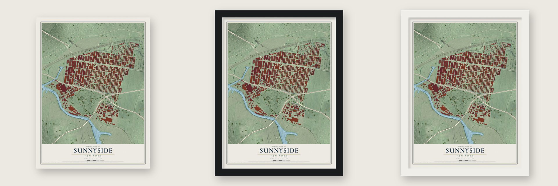 Sunnyside, New York map unframed, in a black wood frame and in a white wood frame
