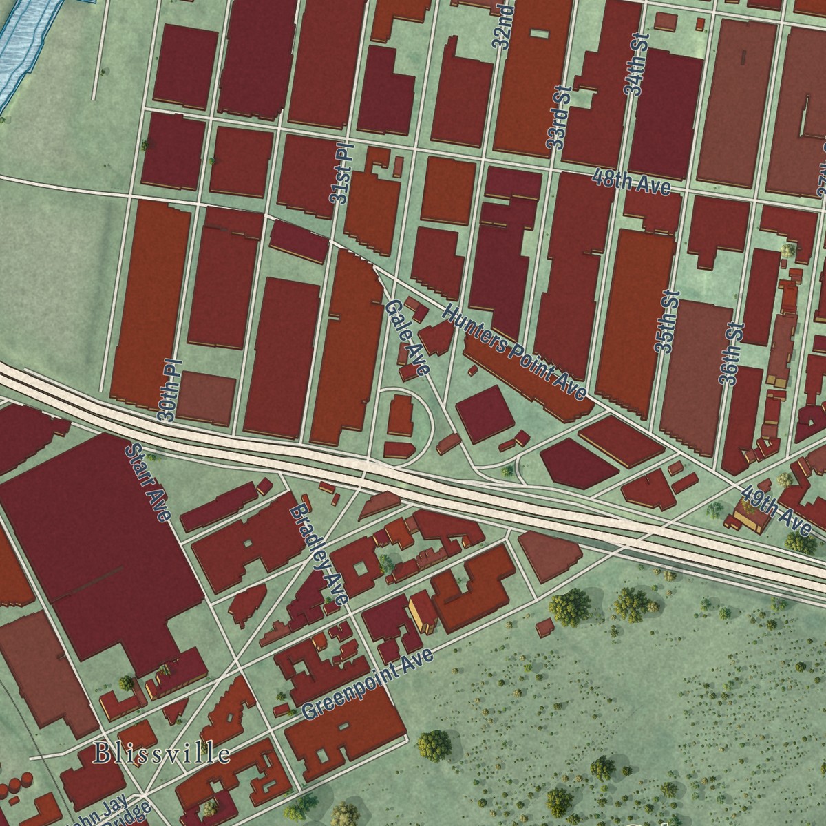 Second close-up of the map of Sunnyside, New York print showing more streets and buildings