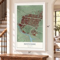 Sunnyside, New York map, 24 x 36 inch print in a white frame by a staircase