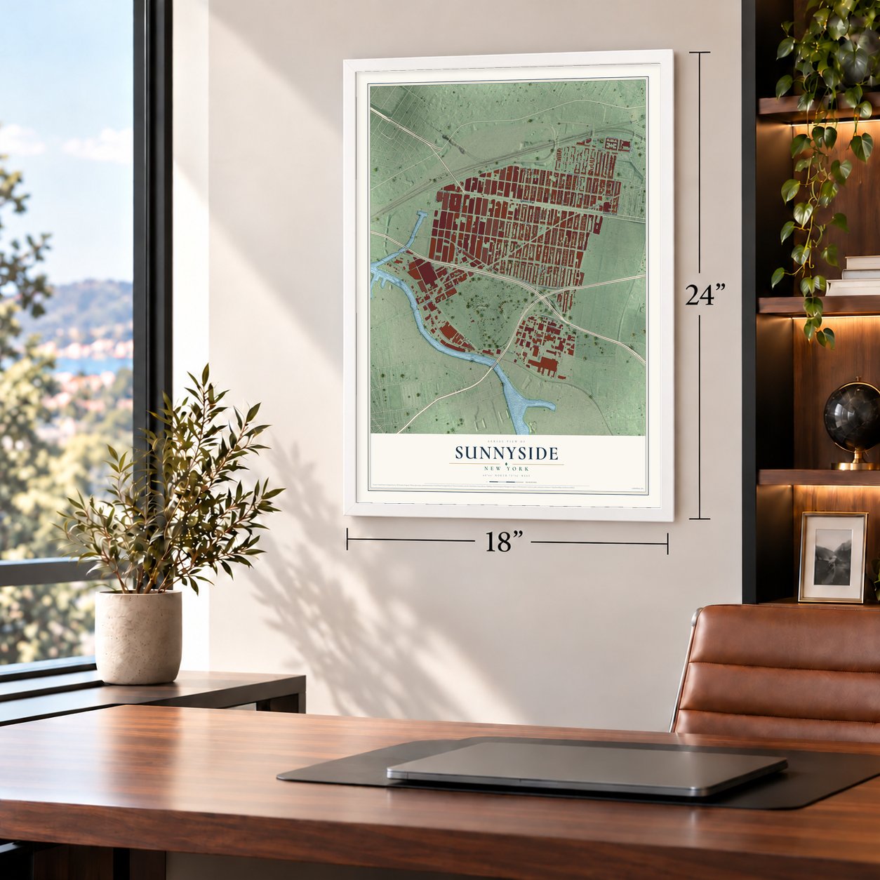 Sunnyside, New York map, 18 x 24 inch print in a white frame in a home office