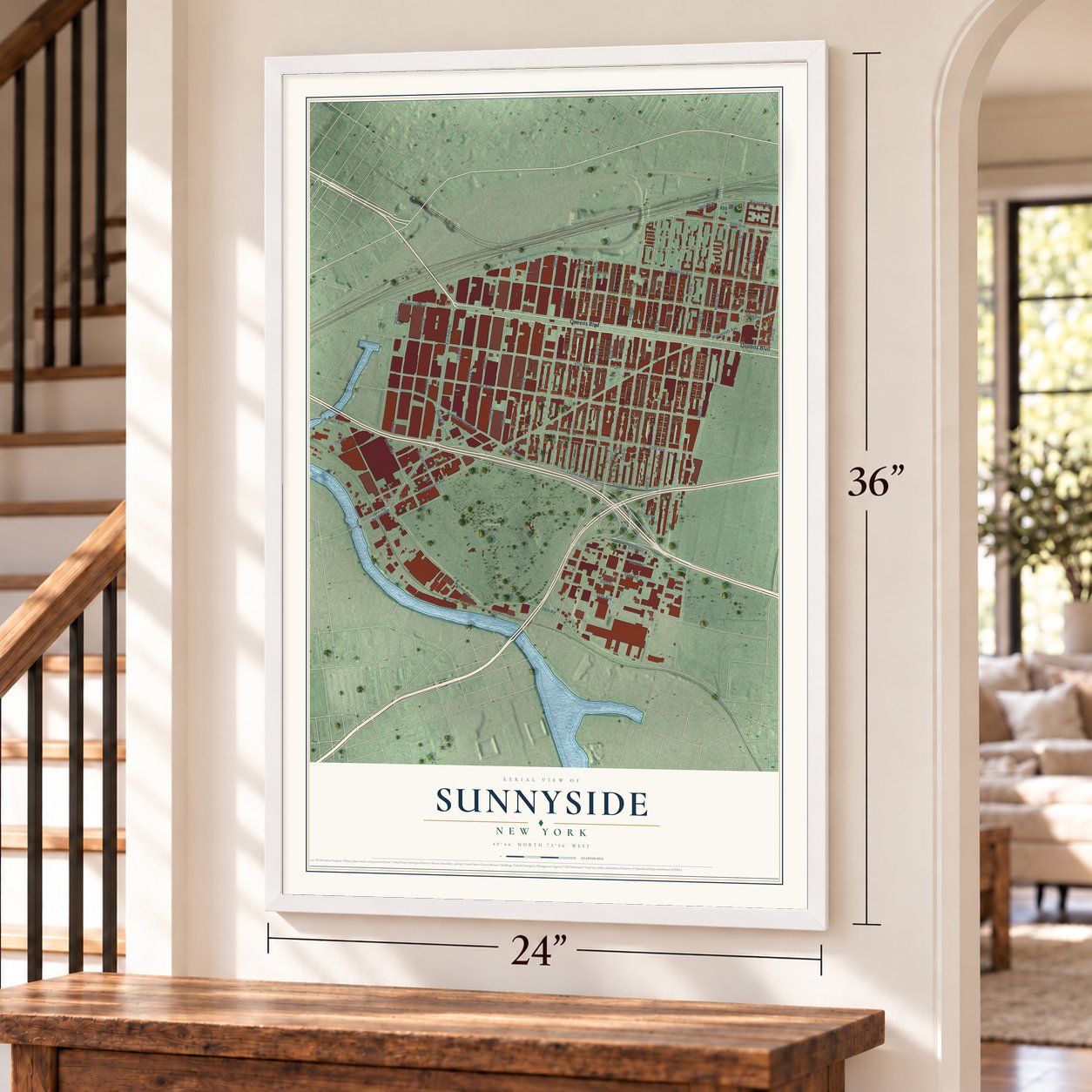 Sunnyside, New York map, 24 x 36 inch print in a white frame by a staircase