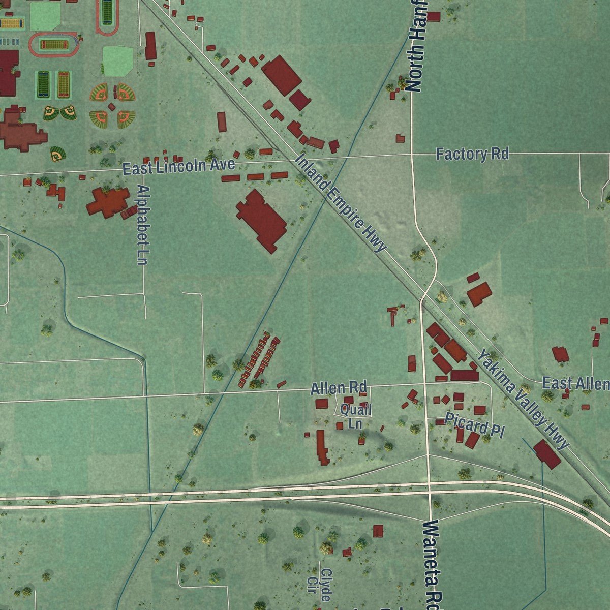 Second close-up of the map of Sunnyside, Washington print showing more streets and buildings
