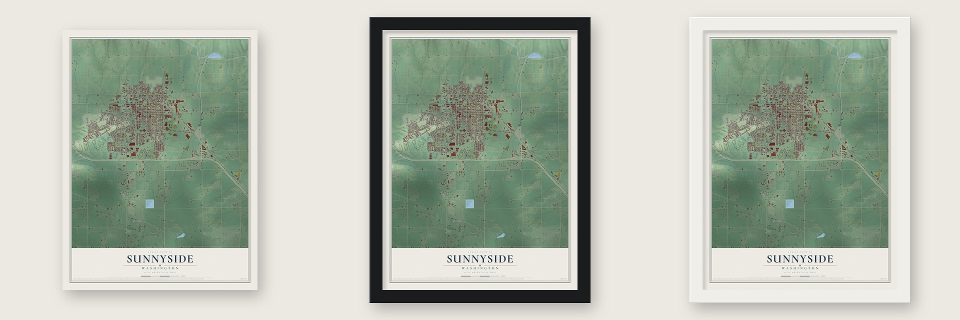 Sunnyside, Washington map unframed, in a black wood frame and in a white wood frame