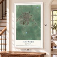 Sunnyside, Washington map, 24 x 36 inch print in a white frame by a staircase