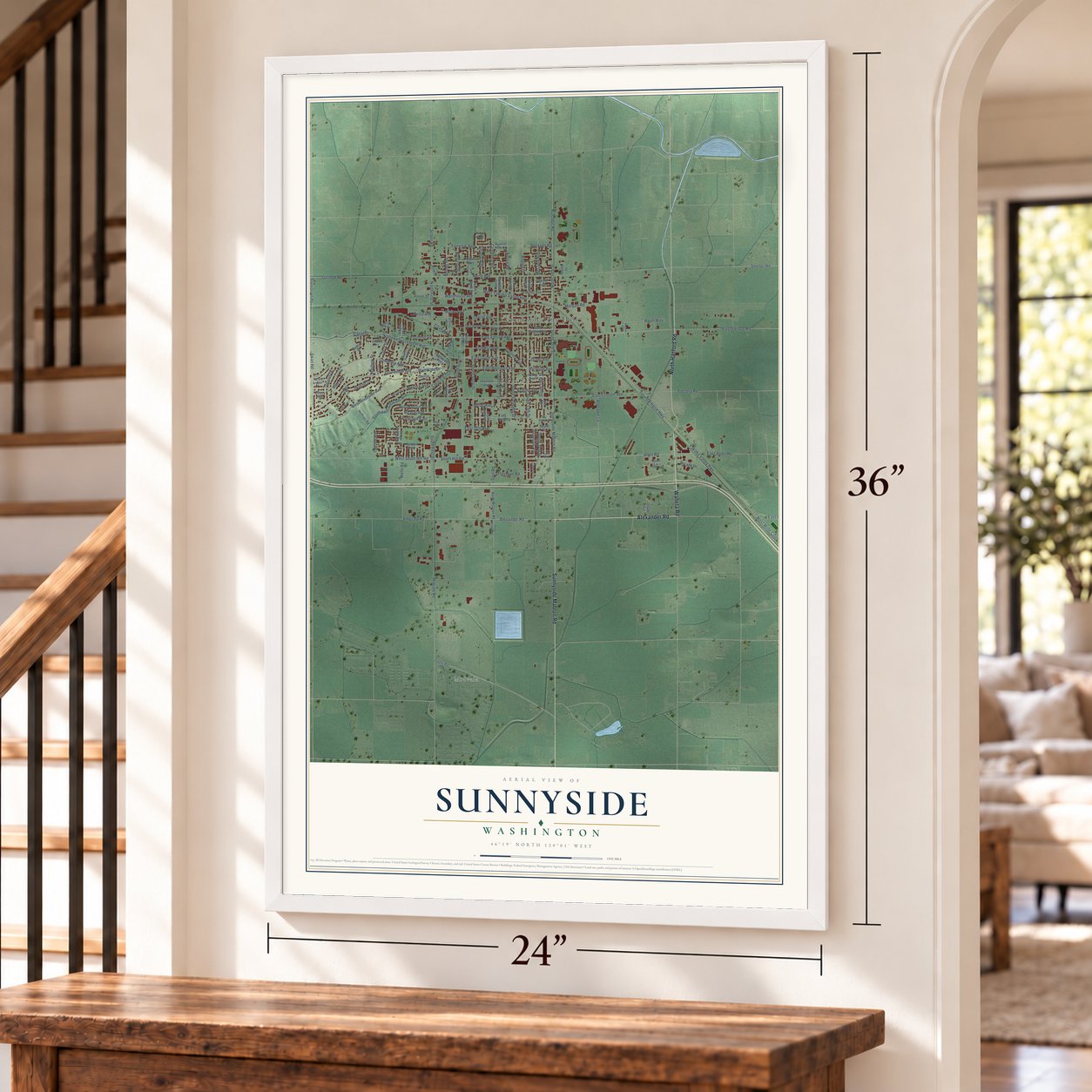 Sunnyside, Washington map, 24 x 36 inch print in a white frame by a staircase