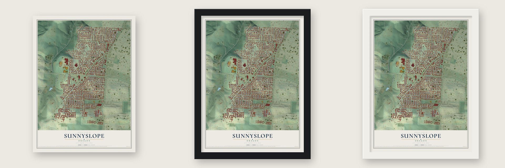 Sunnyslope, Oregon map unframed, in a black wood frame and in a white wood frame