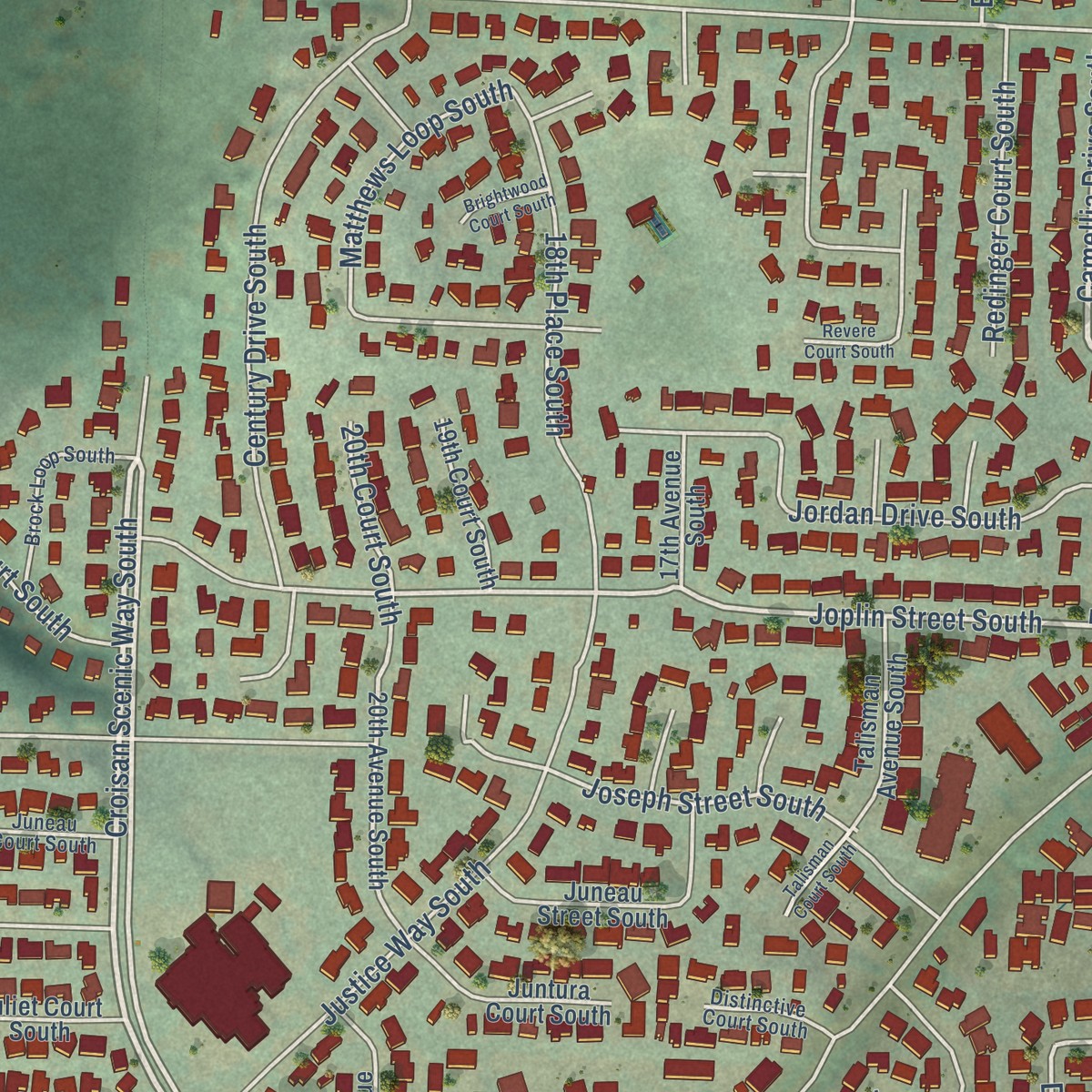 Second close-up of the map of Sunnyslope, Oregon print showing more streets and buildings