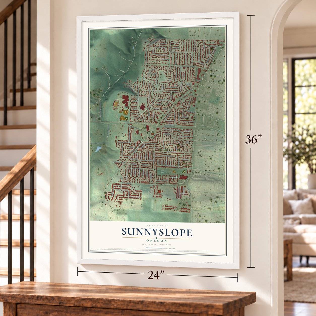 Sunnyslope, Oregon map, 24 x 36 inch print in a white frame by a staircase