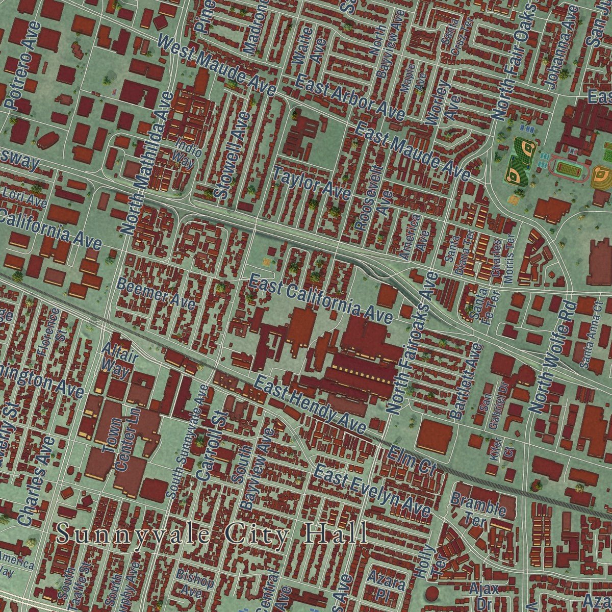 Second close-up of the map of Sunnyvale, California print showing more streets and buildings