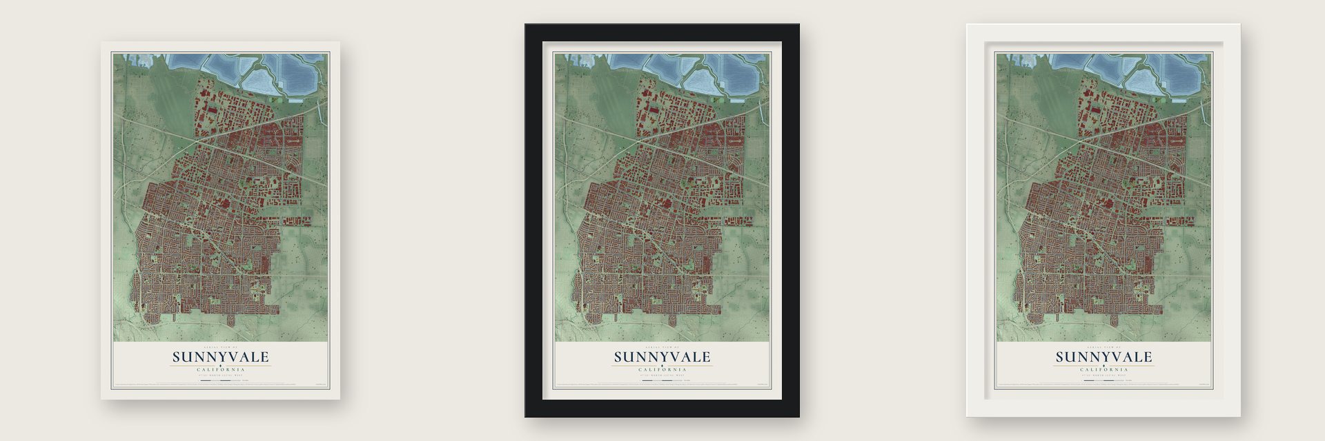 Sunnyvale, California map unframed, in a black wood frame and in a white wood frame