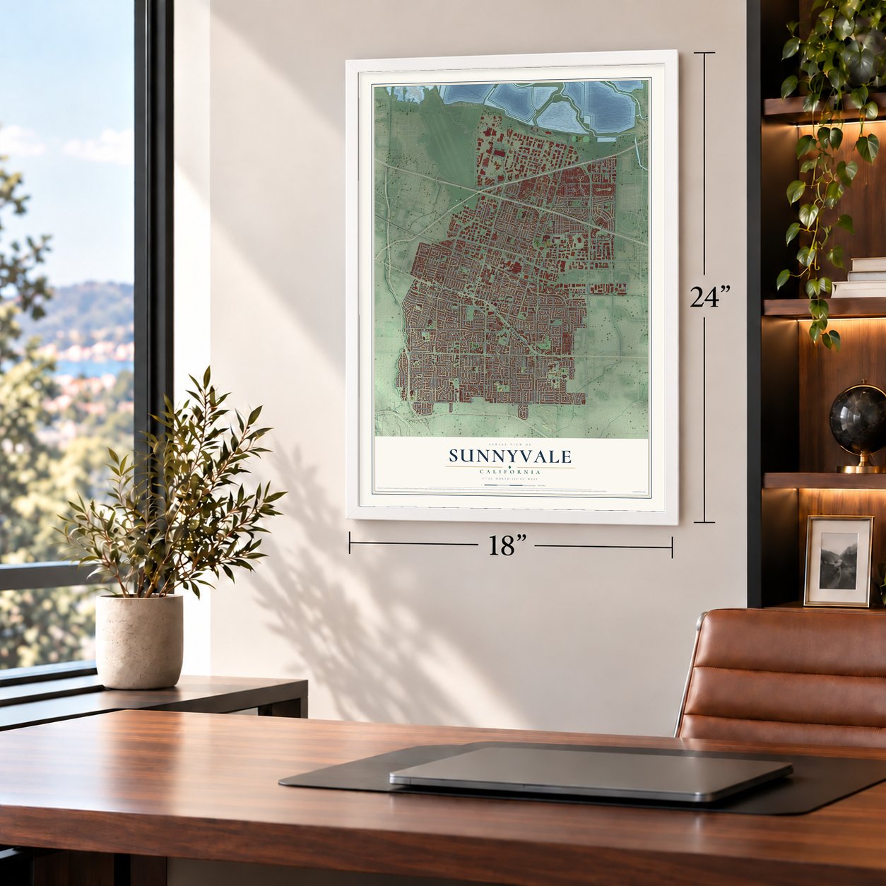 Sunnyvale, California map, 18 x 24 inch print in a white frame in a home office