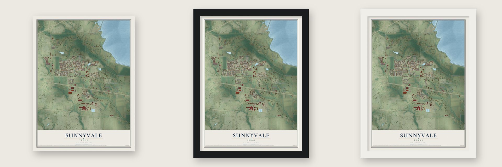 Sunnyvale, Texas map unframed, in a black wood frame and in a white wood frame