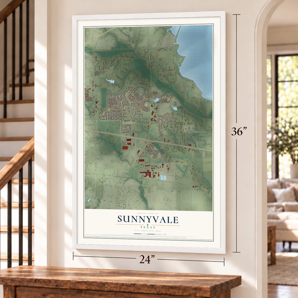 Sunnyvale, Texas map, 24 x 36 inch print in a white frame by a staircase