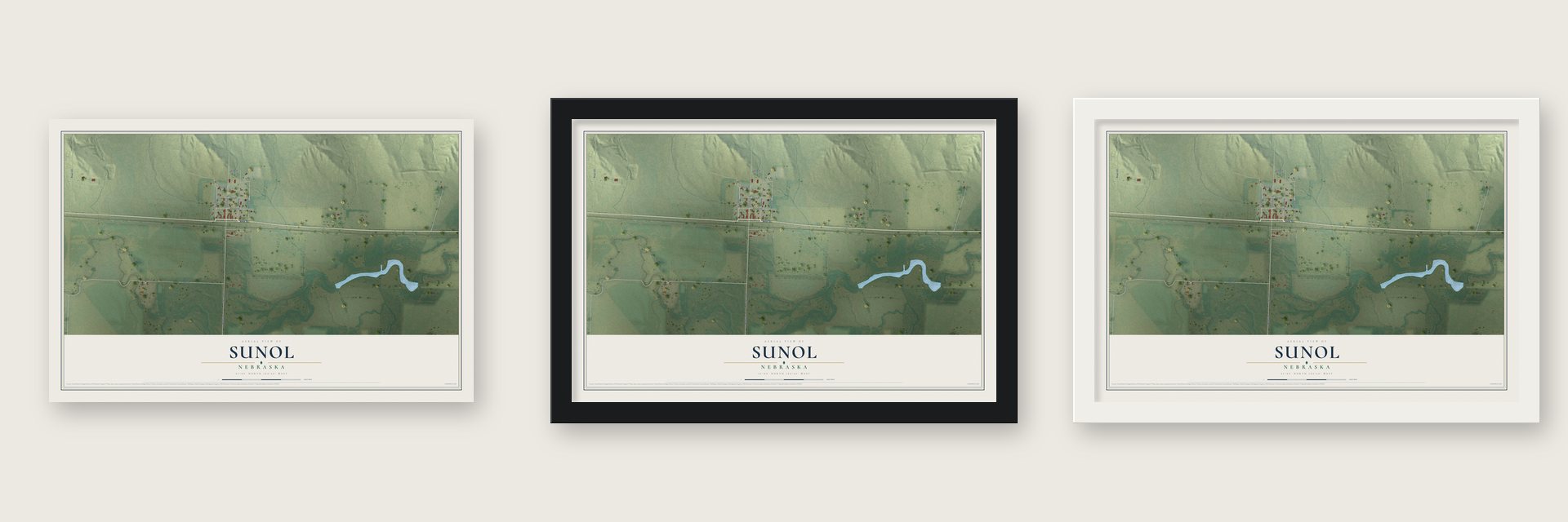 Sunol, Nebraska map unframed, in a black wood frame and in a white wood frame