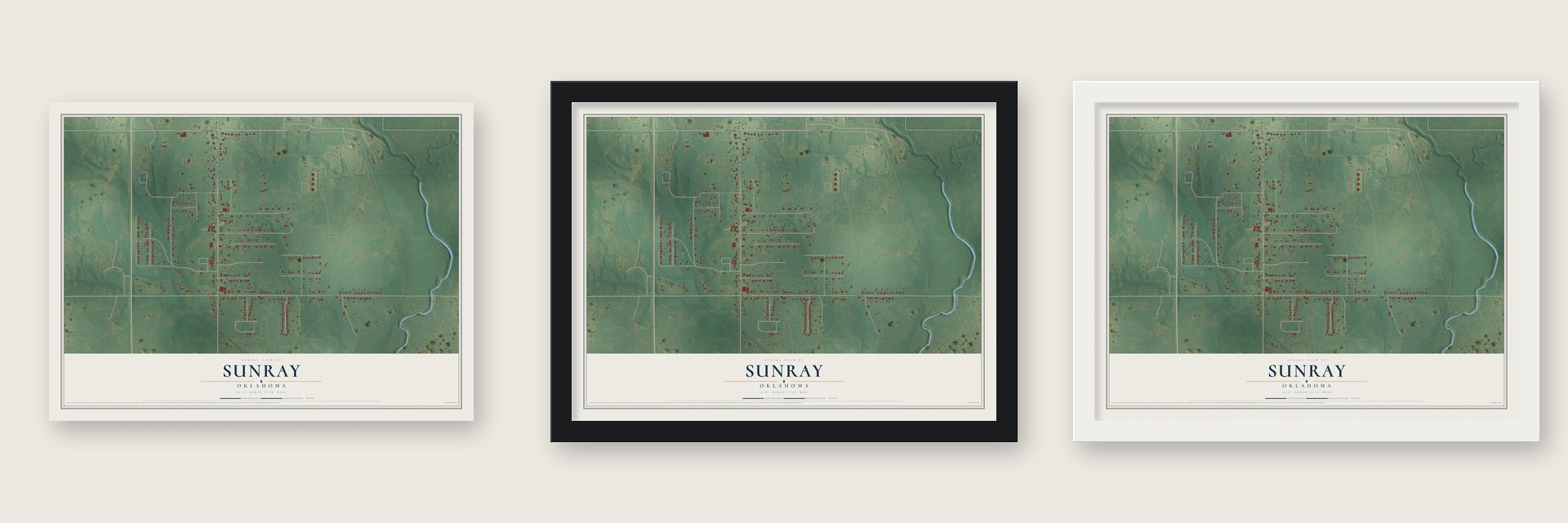 Sunray, Oklahoma map unframed, in a black wood frame and in a white wood frame