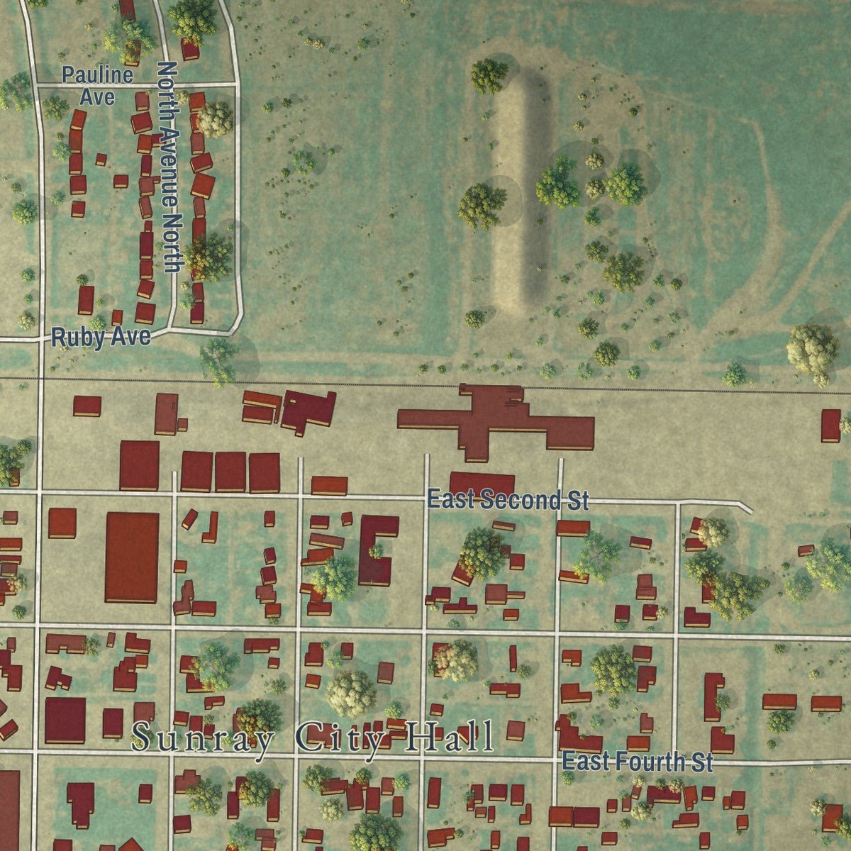 Second close-up of the map of Sunray, Texas print showing more streets and buildings
