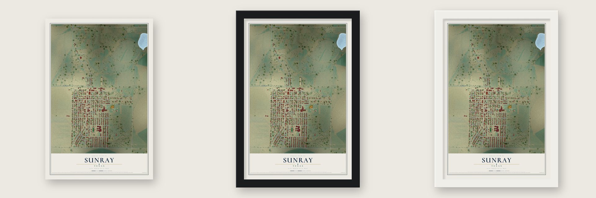 Sunray, Texas map unframed, in a black wood frame and in a white wood frame