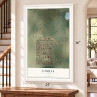 Sunray, Texas map, 24 x 36 inch print in a white frame by a staircase