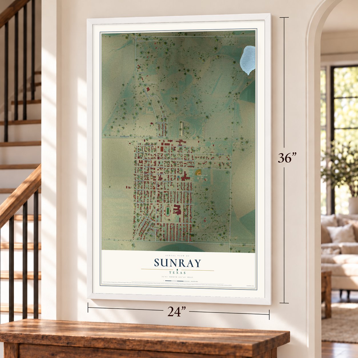 Sunray, Texas map, 24 x 36 inch print in a white frame by a staircase