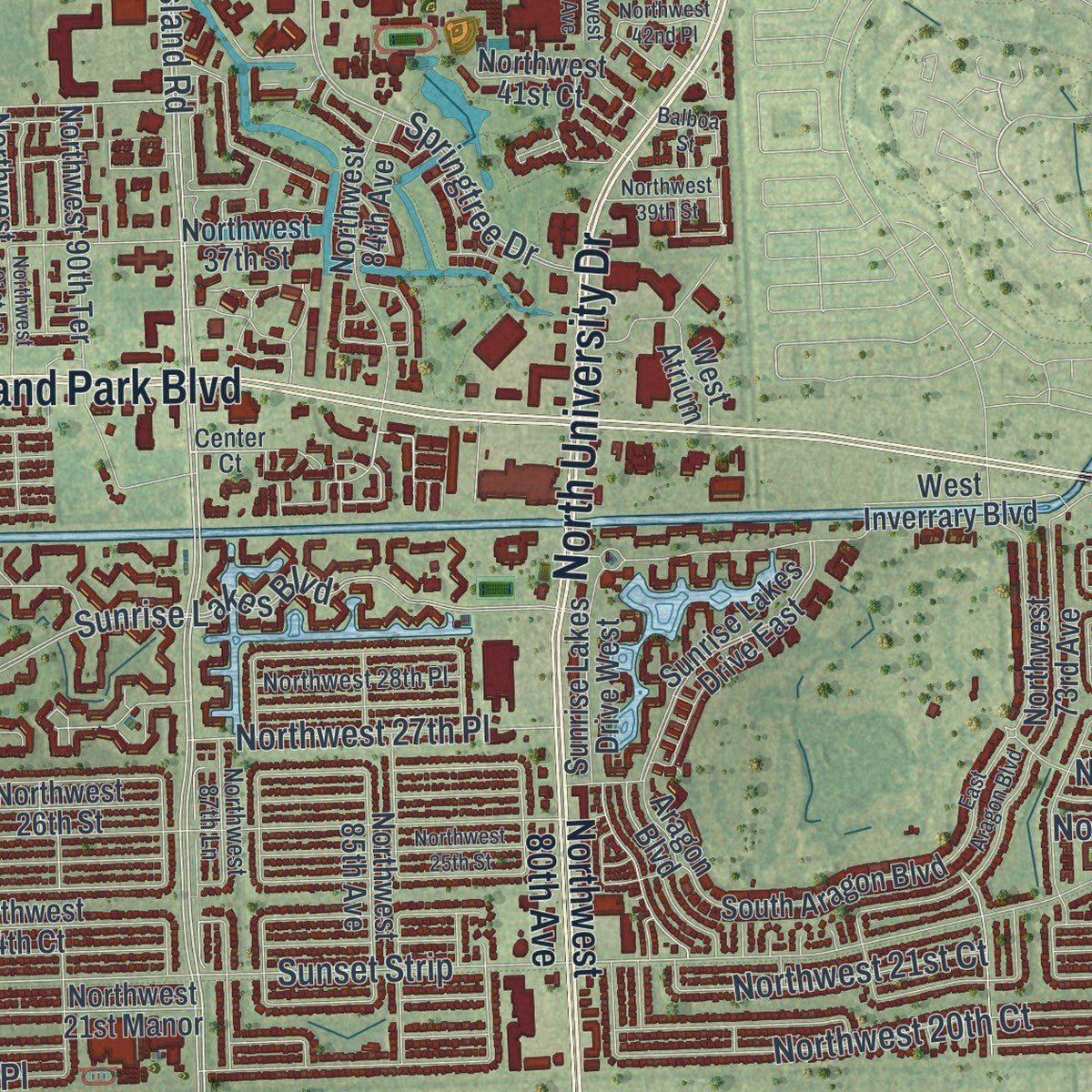 Second close-up of the map of Sunrise, Florida print showing more streets and buildings