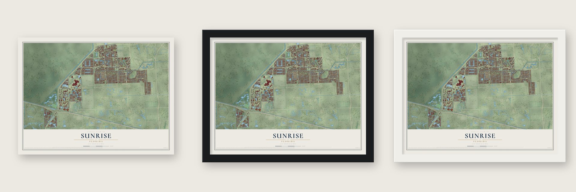 Sunrise, Florida map unframed, in a black wood frame and in a white wood frame
